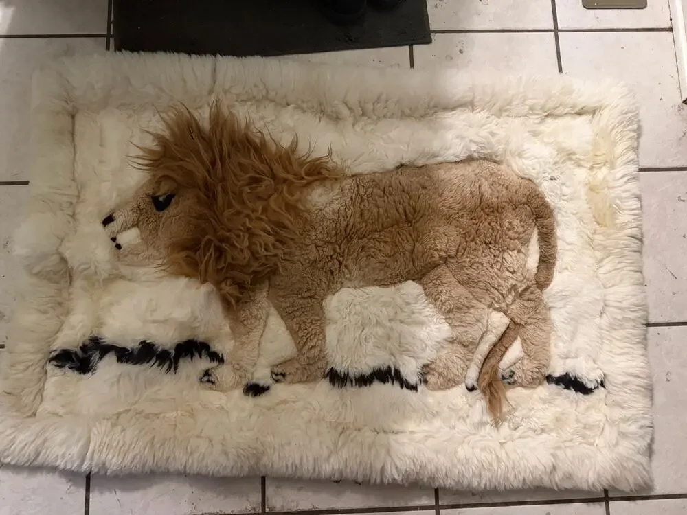 Mexican Mexico 100% Alpaca Fur Tapestry Rug 43x30 Lion Vintage Hole